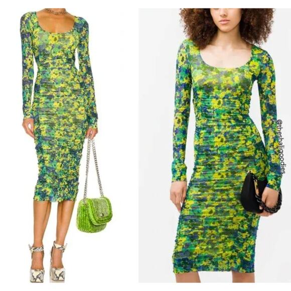 GANNI Ruched Mesh Dress Sulphur Spring Green Yellow Floral Midi 38 Wedding Guest - Picture 1 of 14